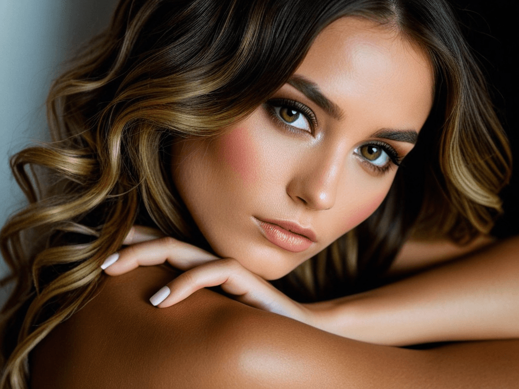 AI generated: Close-up, photograph of, a breathtakingly gorgeous woman looks at the viewer seductively, shoulder l...