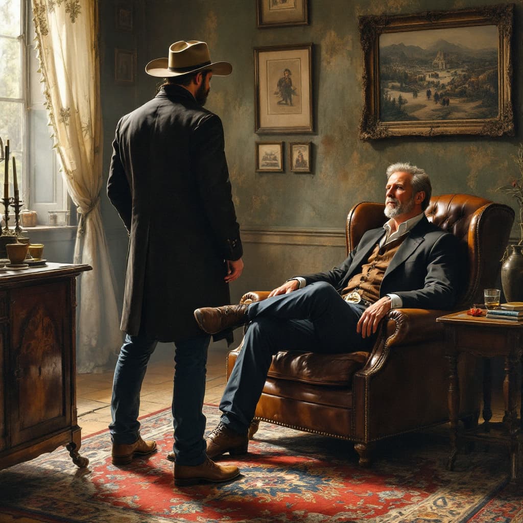 AI generated: Standing looking across the room at cowboy sitting in leather chairwith legs stretched out and ankle...