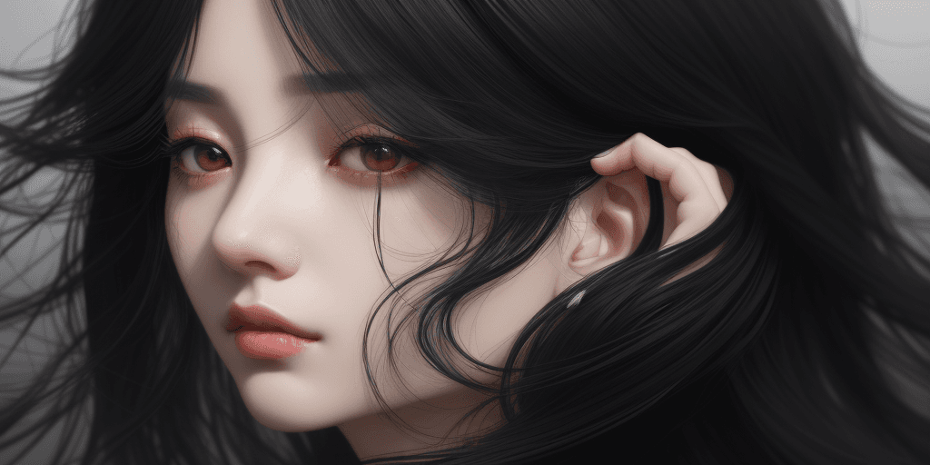 AI generated: a woman with flowing, black hair is posing, in the style of dain yoon, soft edges and blurred detail...