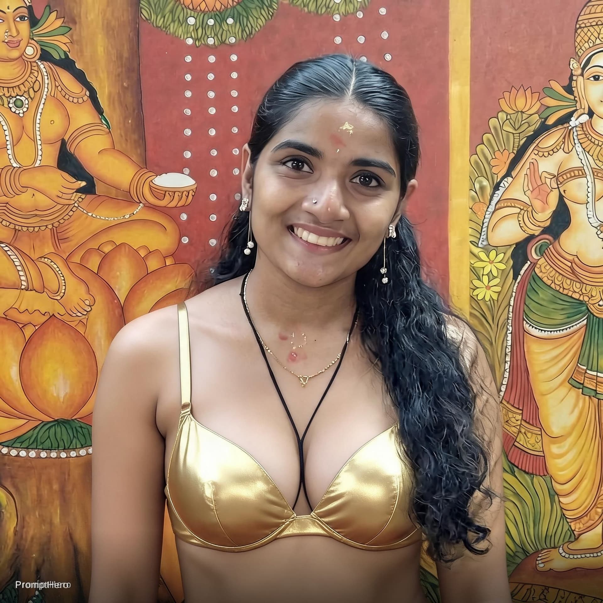 AI generated: Wearing a gold fashioned bikini in jer curve structure body 