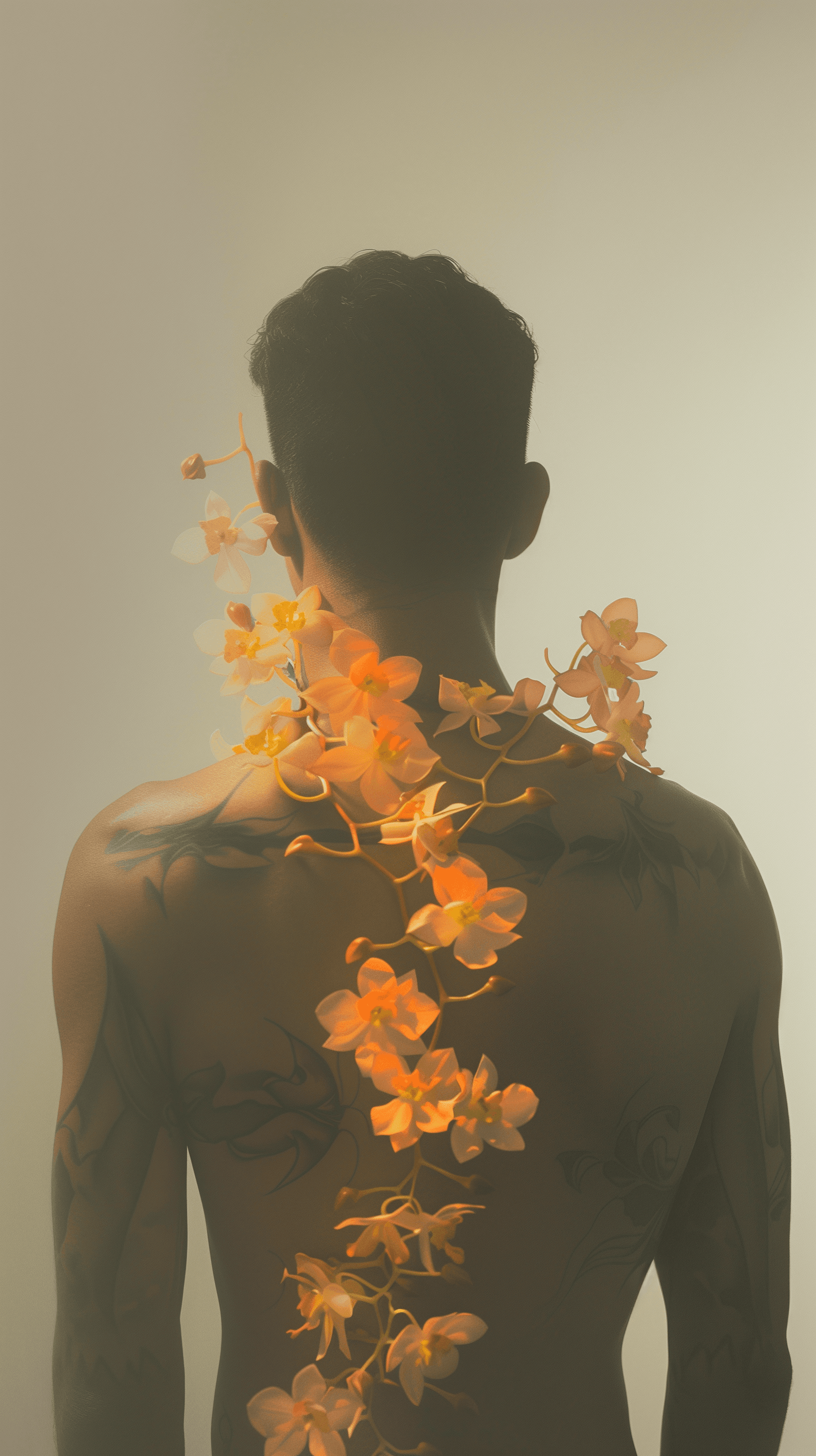 AI generated: artistic representation, rear, centrally-placed, male figure viewed from the back, pastel orange and...