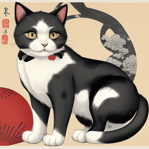 AI generated: monotone, cat antique, dog, hokusai
