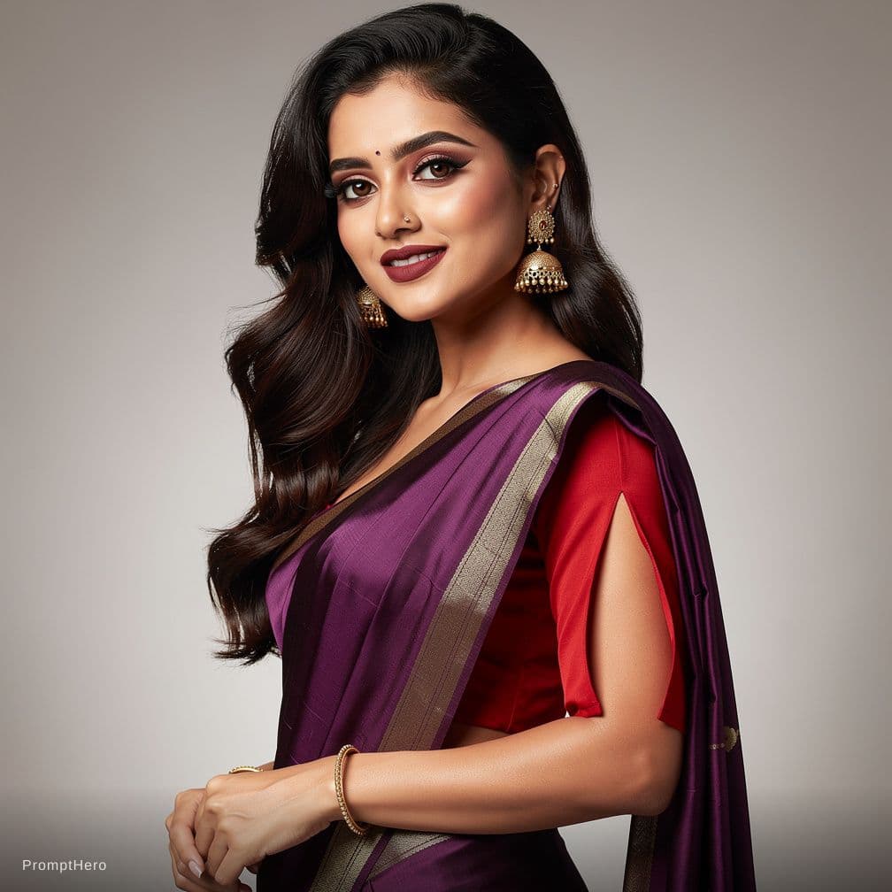 AI generated: Indian hot model aunty on transparent purple saree on transparent red bra