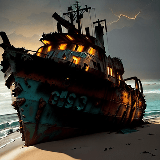 AI generated: in a Style of  russ mills, michael garmash, Generate an image of a dilapidated scrap ship, run agrou...