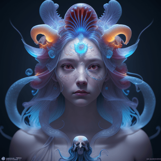 AI generated: Goddess close-up portrait ribcagel. jellyfish phoenix head, nautilus, orchid, skull, betta fish, bio...