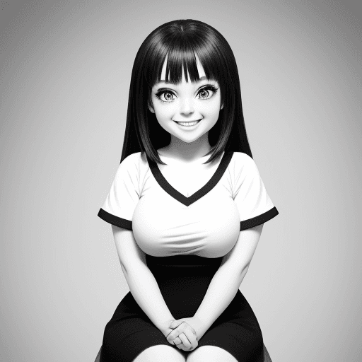 AI generated: Cartoon girl smiling, Anime cute, big beautiful eyes, fully seated,smile,{{{{{{black and white style...