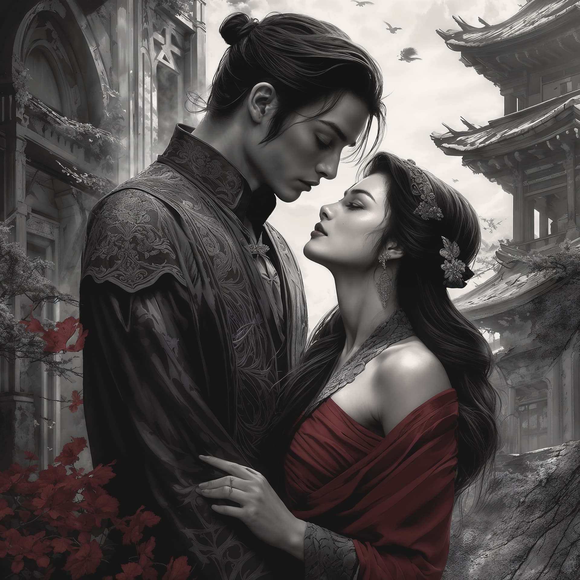 AI generated: A hauntingly beautiful image of a woman tenderly kissing , set in a gothic, Japanese-inspired art st...