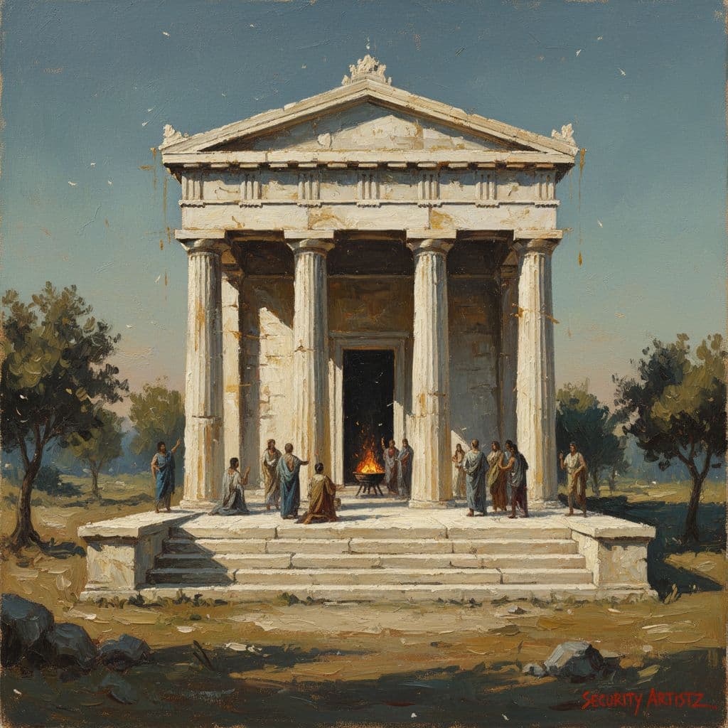 AI generated: A painting of the Temple at Larsonum in ancient Greece, designed by security artistz. The temple is ...