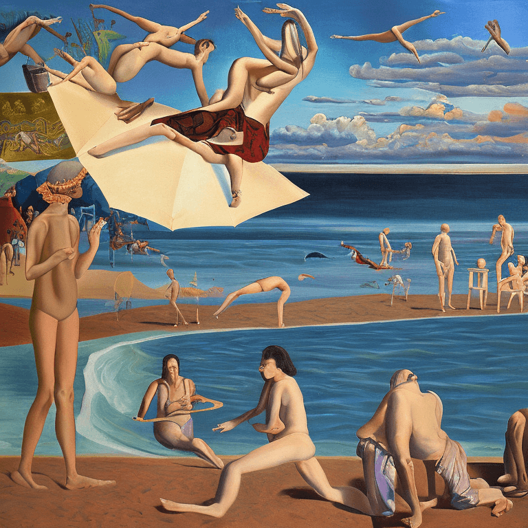 AI generated: beach, oil painting, neo rauch, painting with incomparable reality, intricate details
