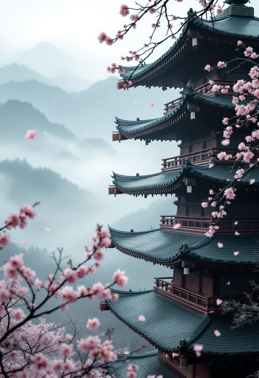 AI generated: A close-up view of a traditional Japanese pagoda, partially framed from the side or slightly below, ...