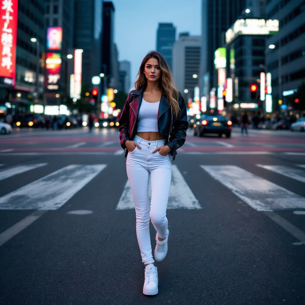 AI generated: photography, 20 woman, pro model, natural pose moment, wearing small text logo with a cropped leathe...