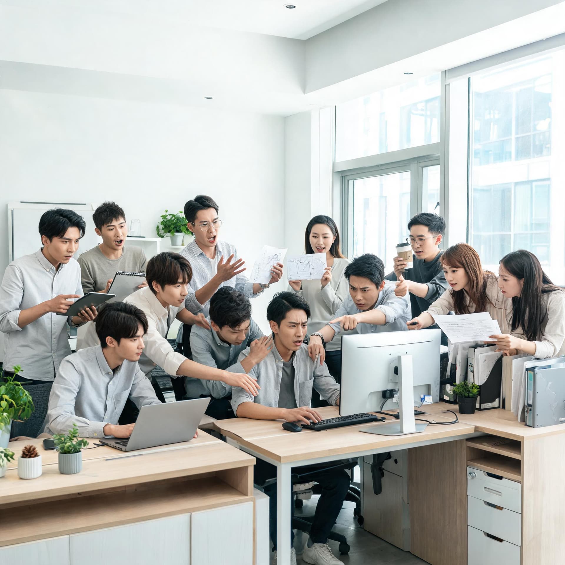 AI generated: A hyper-realistic modern creative agency office during a deadline. One experienced designer sits at ...