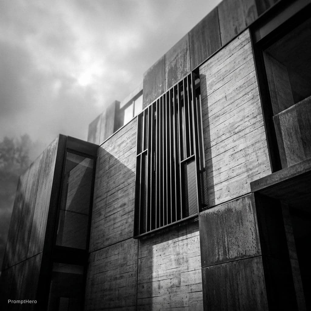 AI generated: photography, dynamic view, minimalist building facade design, Canon EOS 5D Mark IV, EF 24mm f/1.4L I...