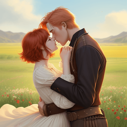 AI generated: Romance illustration, a couple sharing a passionate kiss, woman with short red hair, tall blonde man...