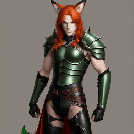AI generated:  Character: Tall, lean, slightly muscular red-haired green-eyed man with fox ears and tail in leathe...