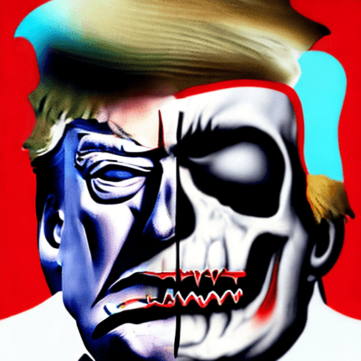 AI generated: image of donald trump with a vicious expression with his face stretched over the surface of a skull ...