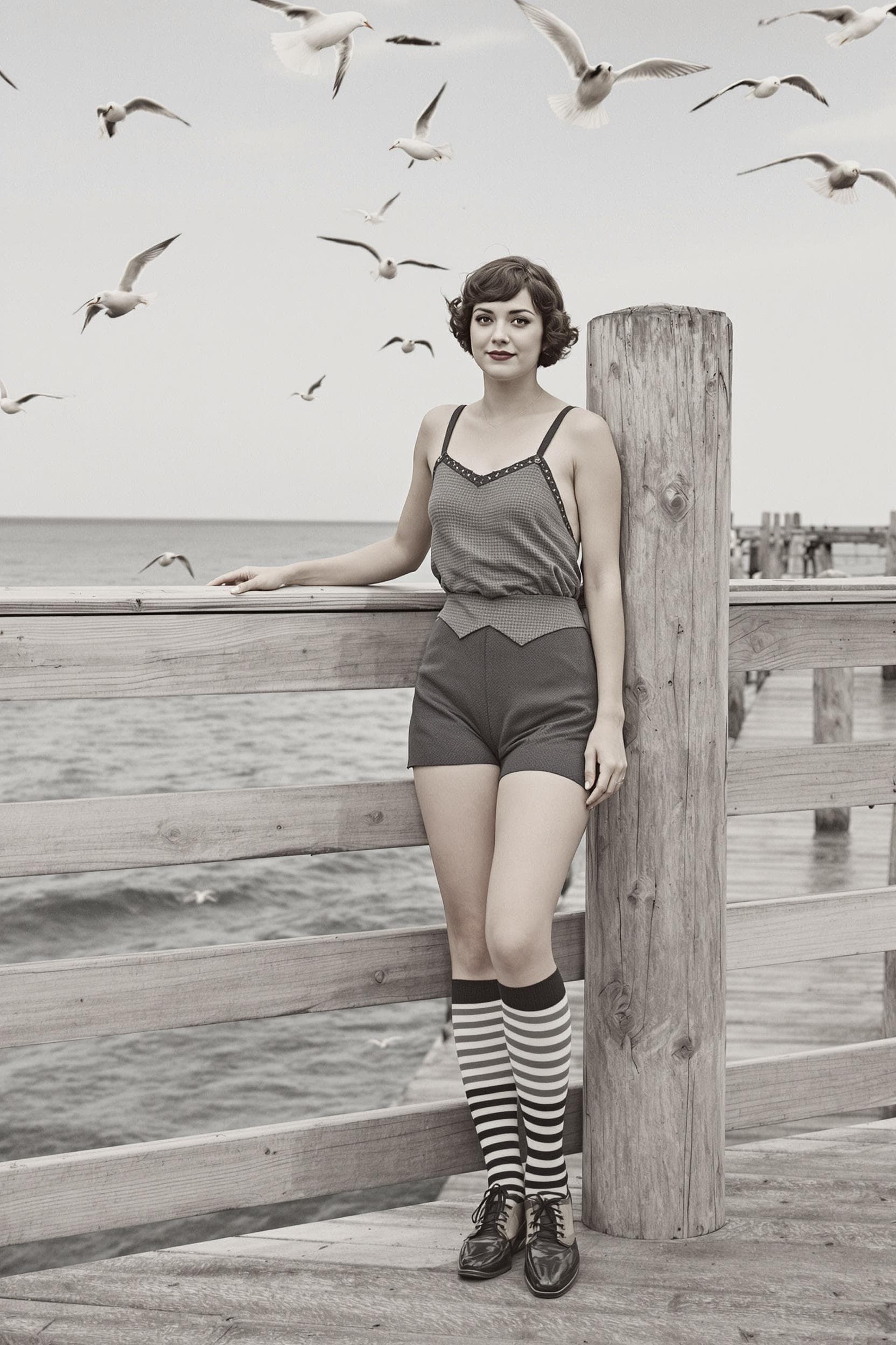 AI generated: A woman in a 1920s wool swimsuit with thick straps and modest shorts, paired with striped knee-high ...