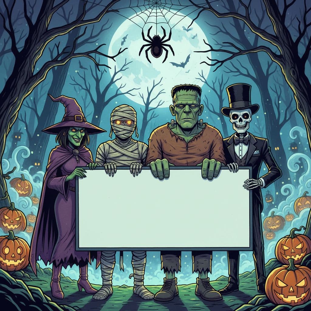 AI generated: /imagine prompt:A digital illustration of a witch, a mummy, a Frankenstein, and a skeleton, standing...