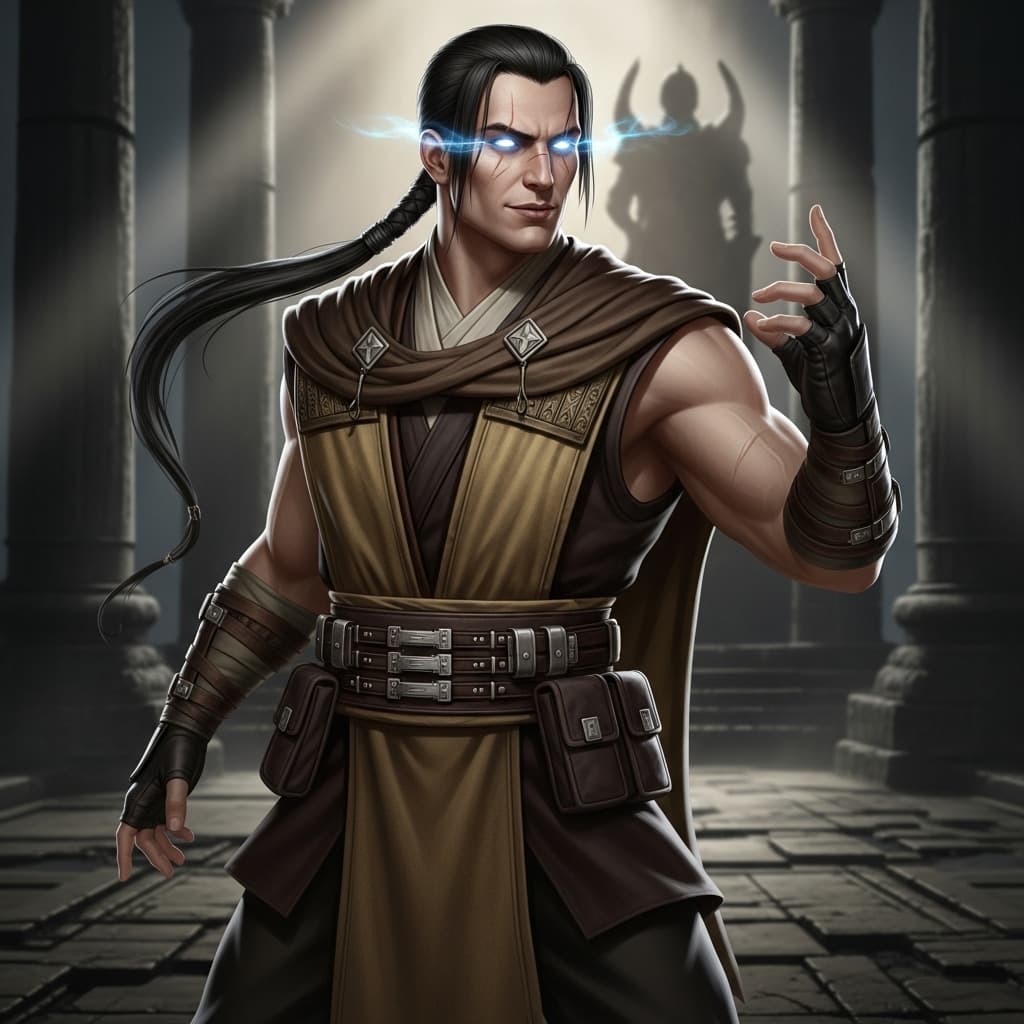 AI generated: Create a fighter in Mortal Kombat style... it is pale skin male with long black hair with pigtail. h...
