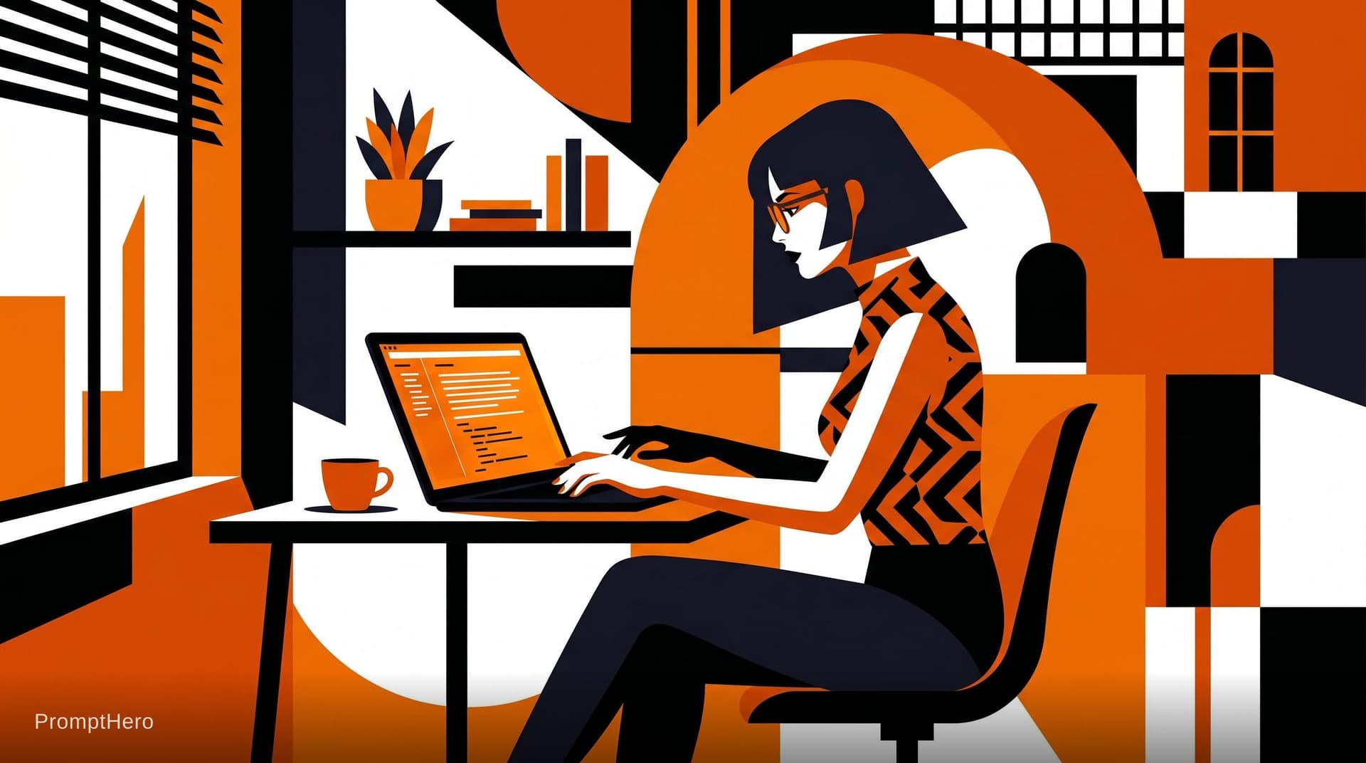AI generated: Make a person typing on lap top in style of Malika Favre detailed character. Color tones black domin...