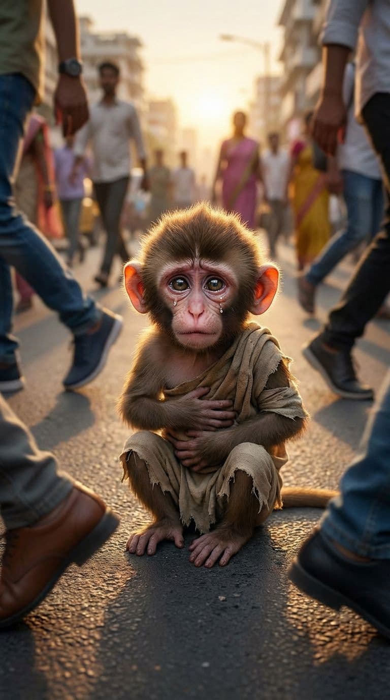 AI generated: The same baby monkey holding his stomach, sitting on the road with tears in his eyes.
People walking...