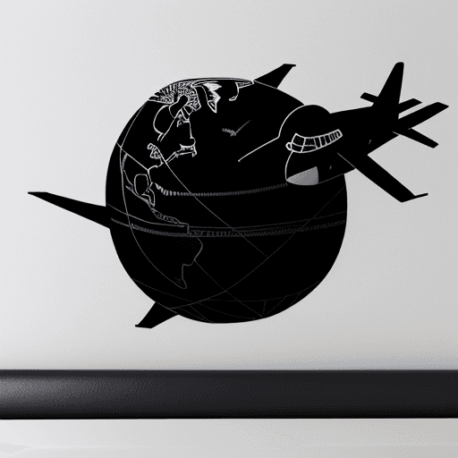 AI generated: door, airplane silhouette, drawing, sticker, geometric, globe, landing, bacpack