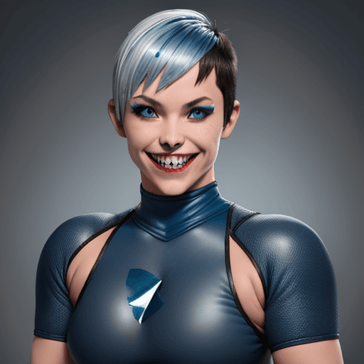 AI generated: Shark Skinned Female Wrestler, Dark Blue Attire, White Elbow Pads, Dark Blue Pixie Haircut With Grey...