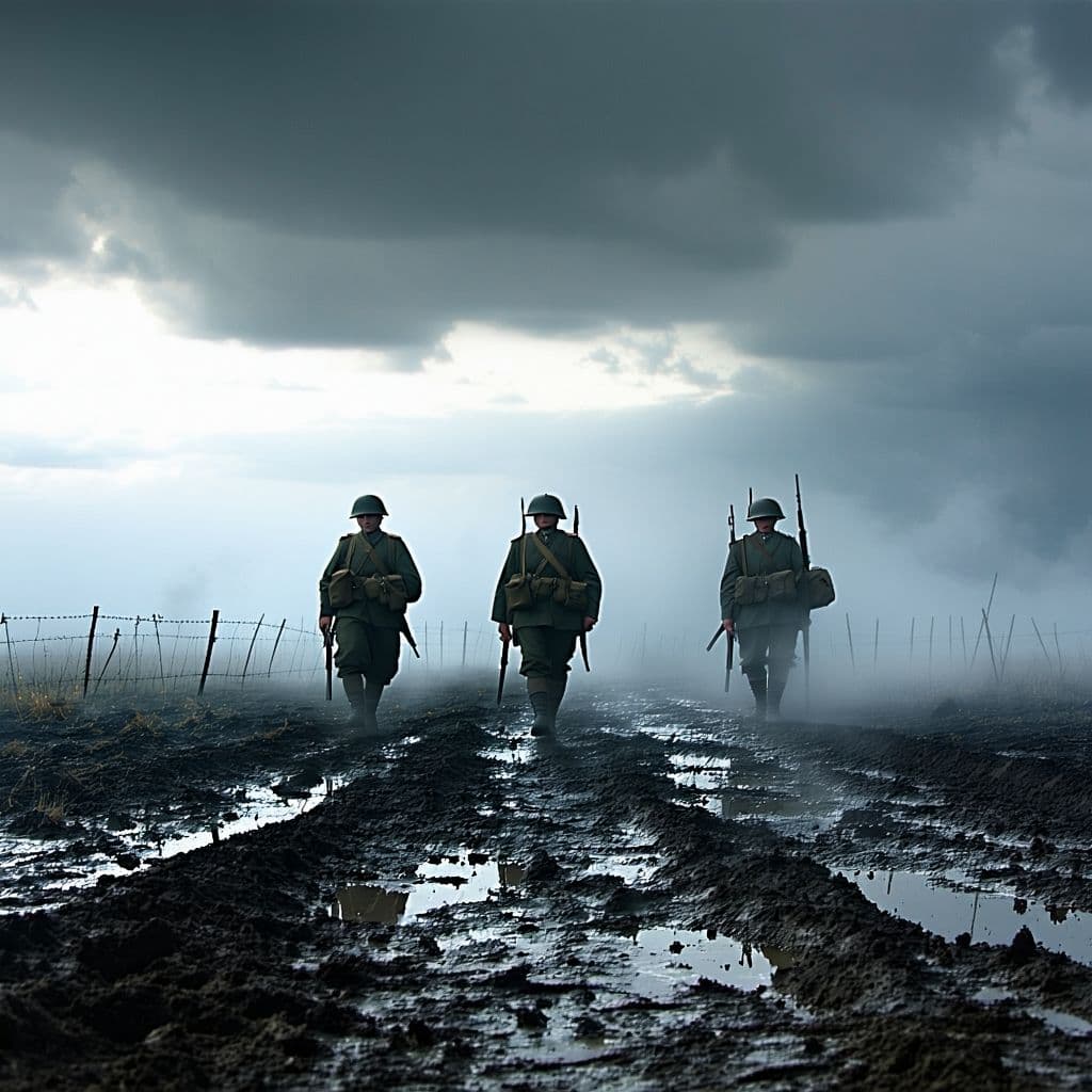 AI generated: Create a WWI no-mans land scene: a barren, war-torn landscape under a foreboding, gray cloudy sky, w...