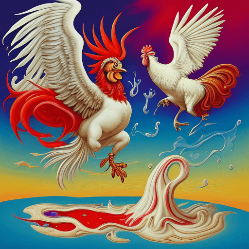 AI generated:  a psychedelic surrealist painting of a red rooster fighting mid air with white rooster, surreal, dr...