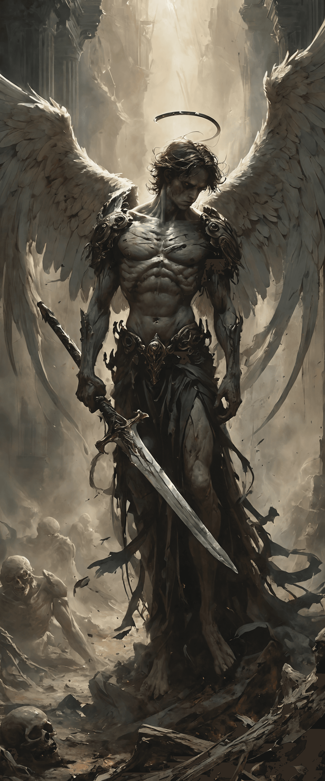 AI generated: A dark and macabre 9:21 portrait depicting a side-view of a twisted, abominable angel, wielding a sw...