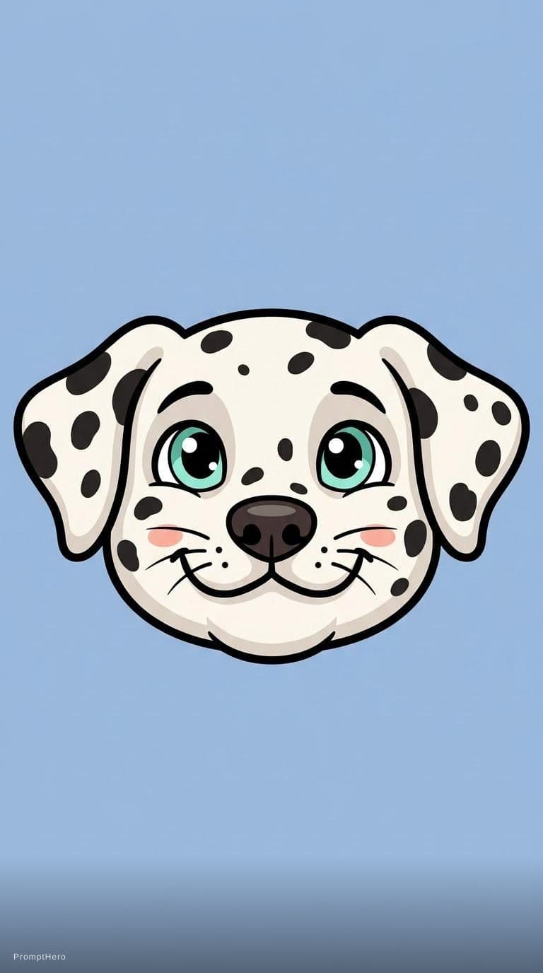 AI generated: illustration, dollish dalmatian dog face, emerald light cyan eye, simplify, expressive eyes and a pl...