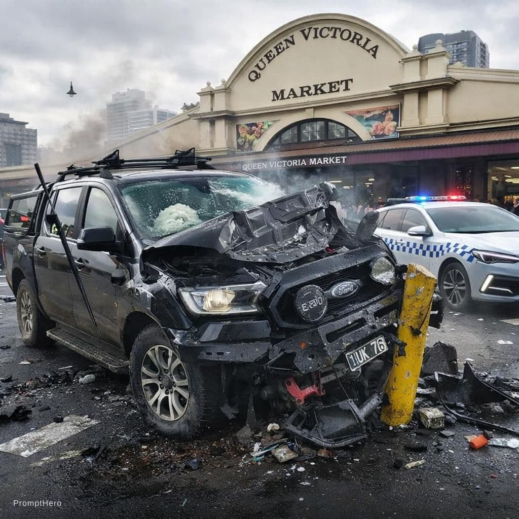 AI generated: Turn this image into a car crash infront of queen vic market Melbourne make it realistic
