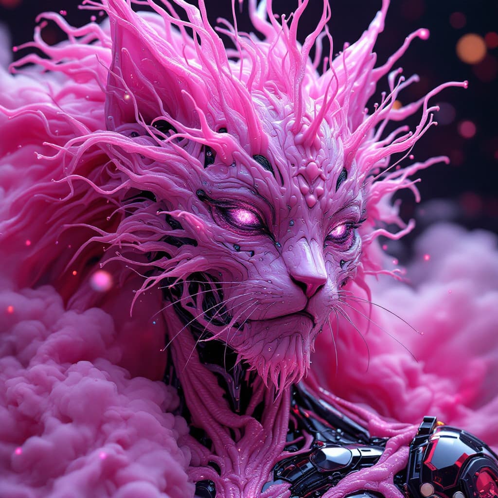 AI generated: futuristic giant cat divinity masked metallic as a pink creature, ultra realistic, vincent van gogh ...