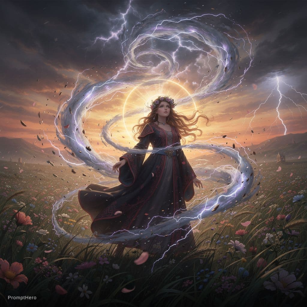AI generated:  A young goddess with long wavy hair, standing in a flower field of tall grass. She is wearing a dar...