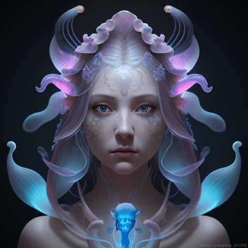 AI generated: Goddess close-up portrait ribcagel. jellyfish phoenix head, nautilus, orchid, skull, betta fish, bio...