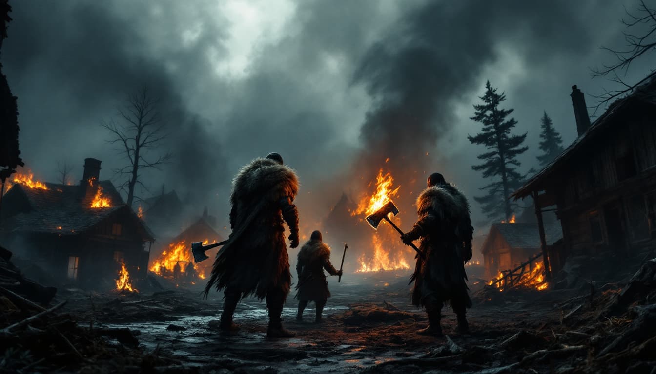 AI generated: a wide-angle digital painting of a village on fire, with three figures in the foreground. The figure...