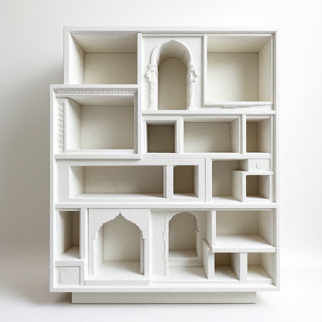 AI generated: Generate an image of a plaster sculpture, based on a tradicional geometric living room shelf form, e...