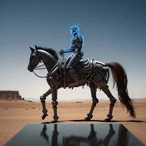 AI generated: Ultra-detailed cyborg in a desert,riding a mecanic horse with anthropomorphic cybernetic skeleton el...