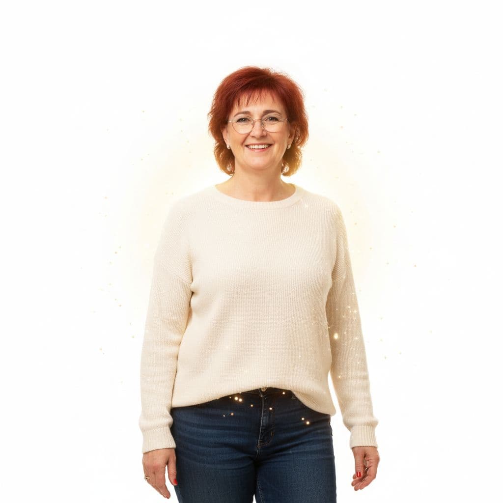 AI generated: A realistic 35-year-old woman smiles confidently against a white background, demonstrating health an...