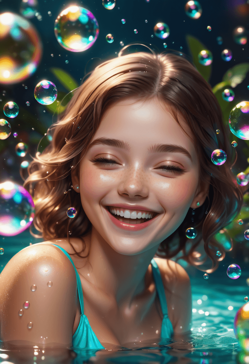 AI generated: a girl, laughing, surrounded by  colorful water bubbles