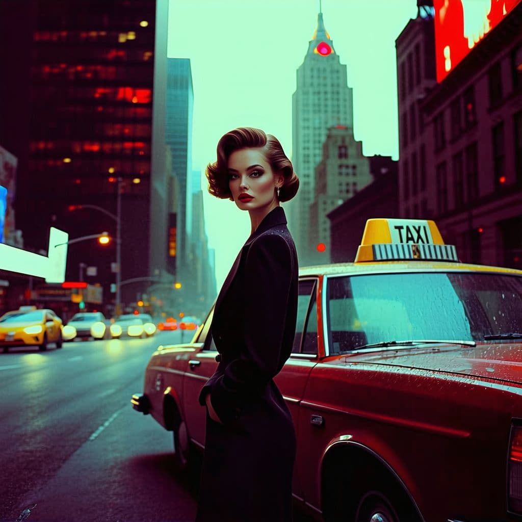 AI generated: A mysterious femme fatale stands next to a taxi in a Film Noir Cityscape setting, with dark, moody s...