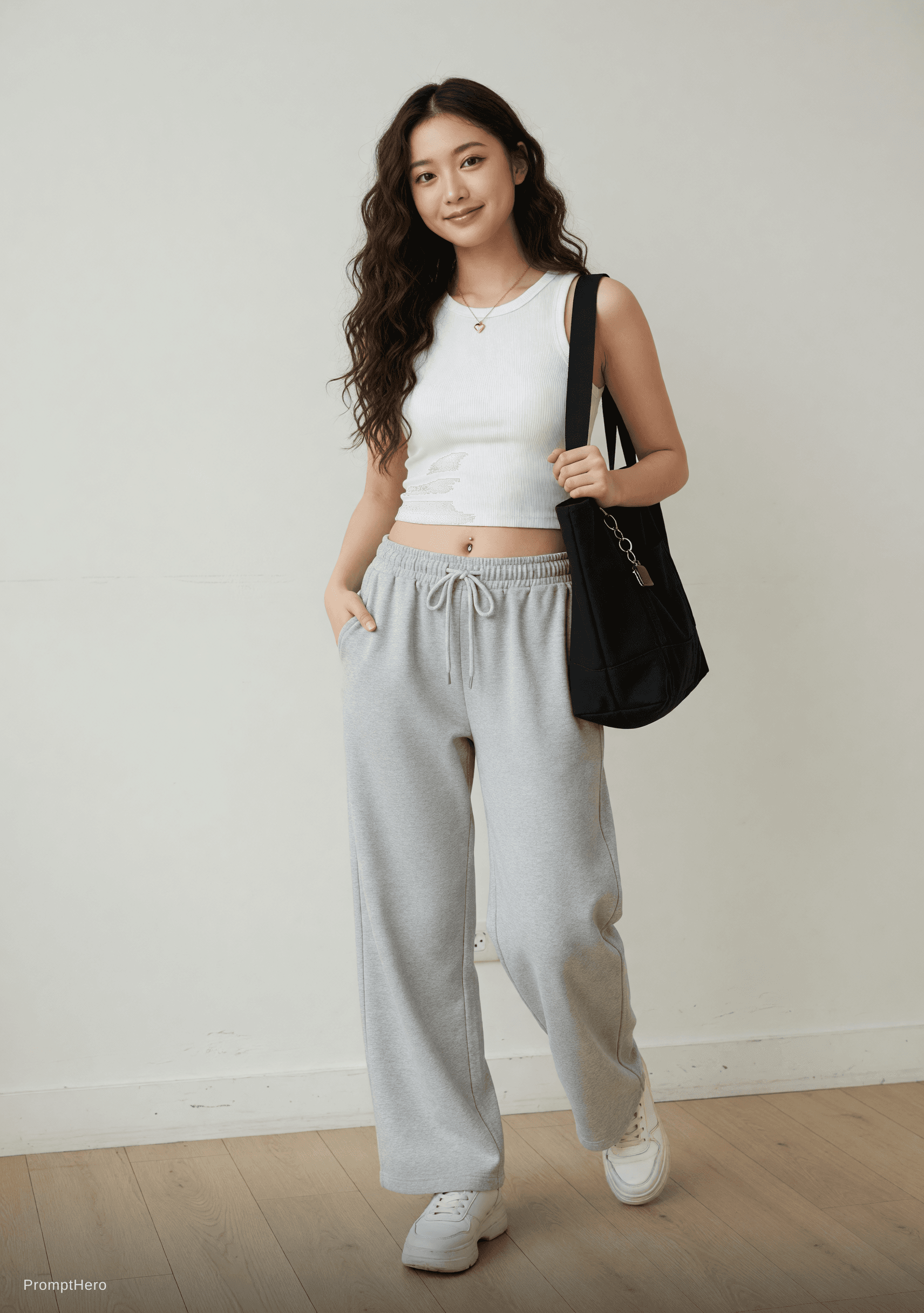 AI generated: A young East Asian woman in her early 20s with long wavy dark brown hair cascading over her shoulder...