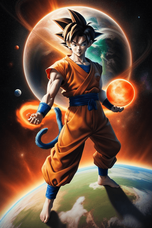 AI generated: masterpiece, best quality, Goku, 1boy, clenched hands, earth \(planet\), full body, looking at viewe...