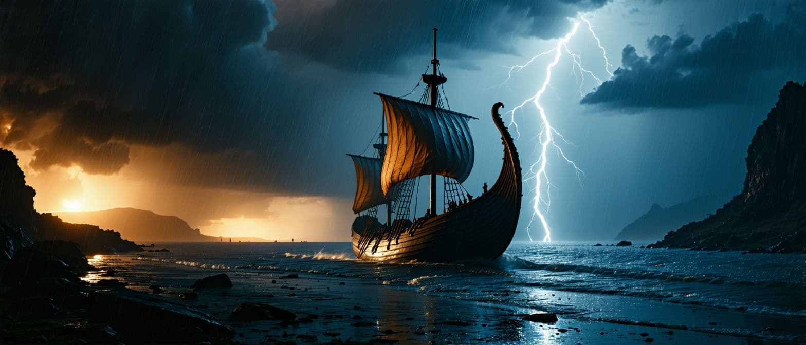 AI generated: Photo of a ultra authentic Viking ship in dramatic lighting, during an intense lightning storm, pale...