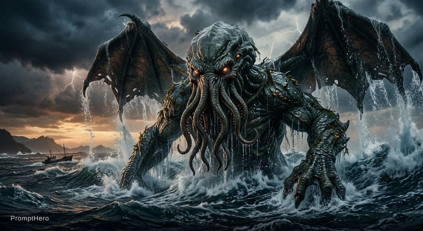AI generated: Cthulhu rising out of the ocean, mid shot, realistic
