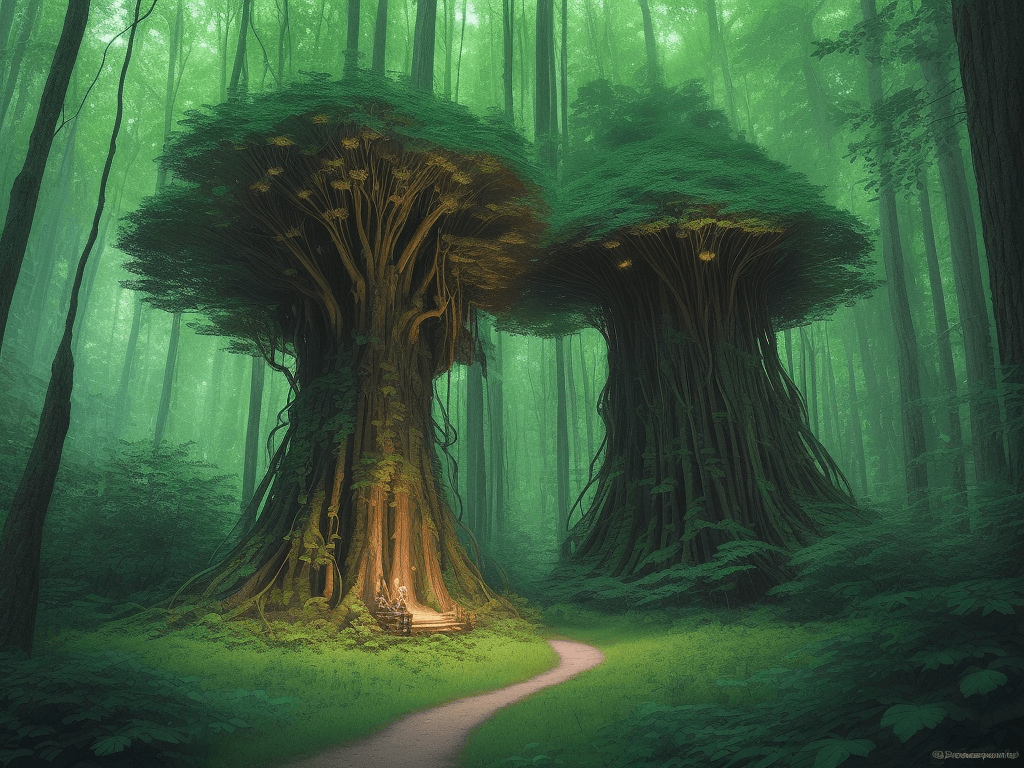 AI generated: anishinaabe woodlands forrestscape, giant spiderweb, hidden in the forrest, forrestpunk, lush vegeta...