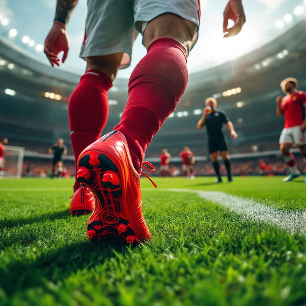 AI generated: "A first-person perspective of a professional footballer stepping onto the lush green football pitch...