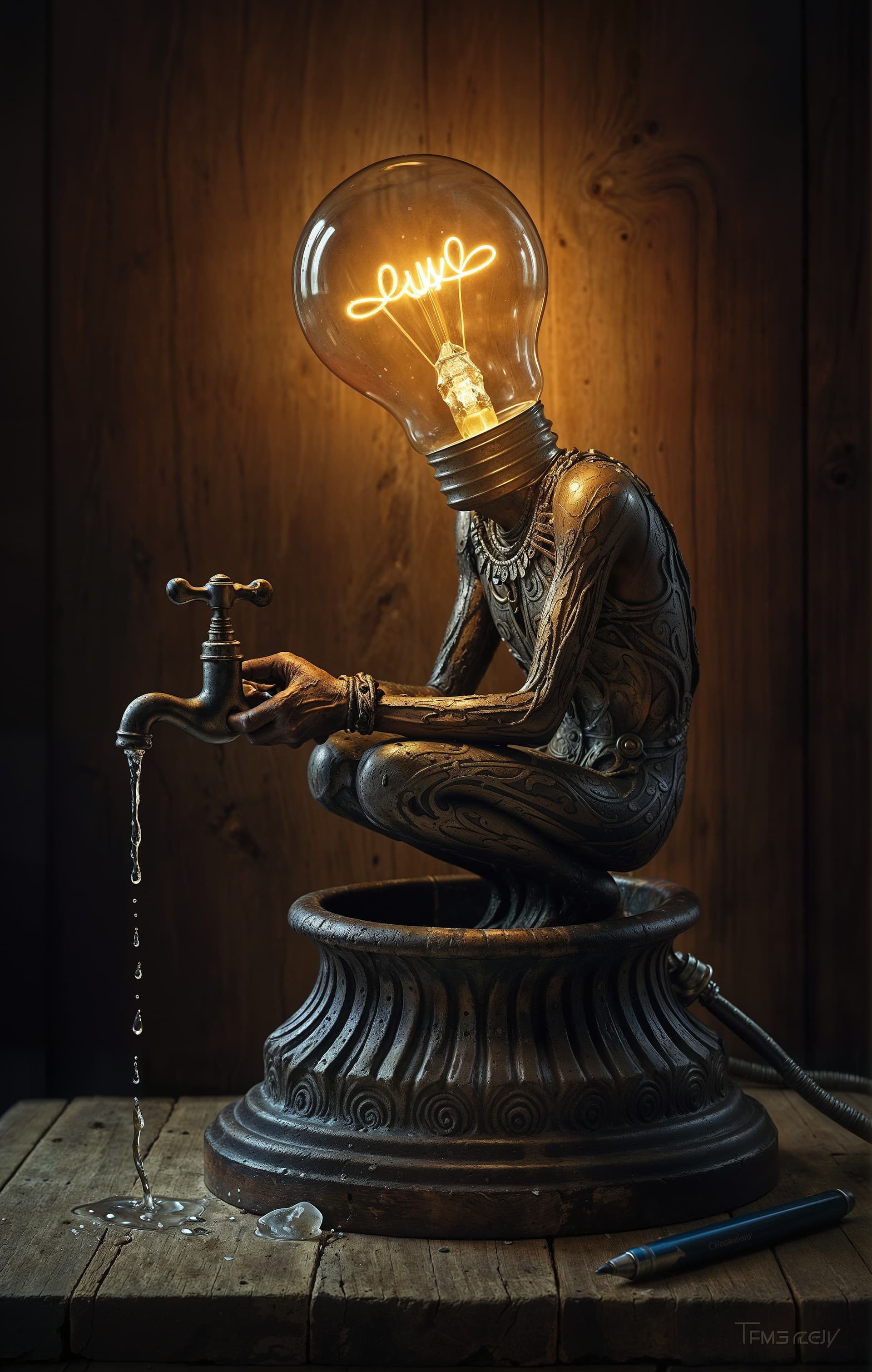 AI generated: A captivating dark fantasy illustration showcases an intricately designed metallic figure with a lig...