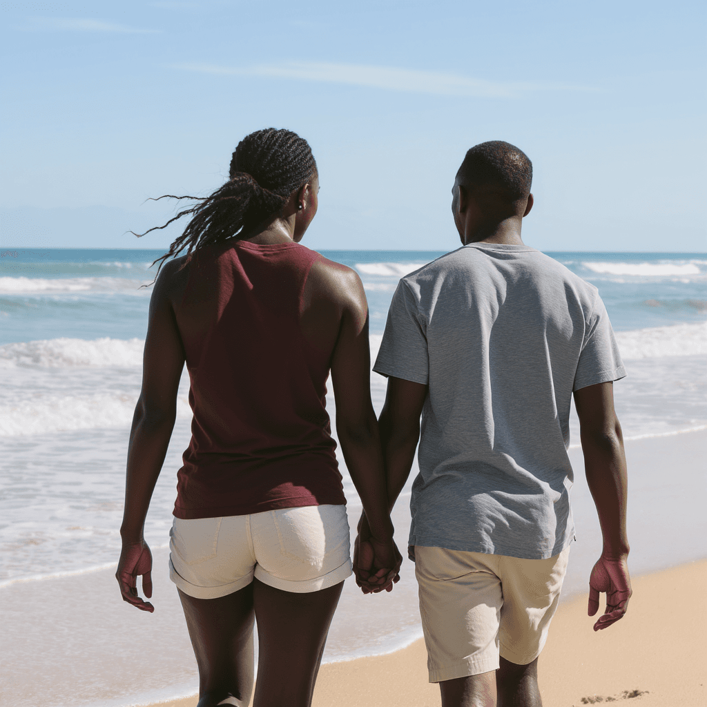 AI generated: A centered, 400-pixel image of an African American couple facing away, walking down the beach on a s...