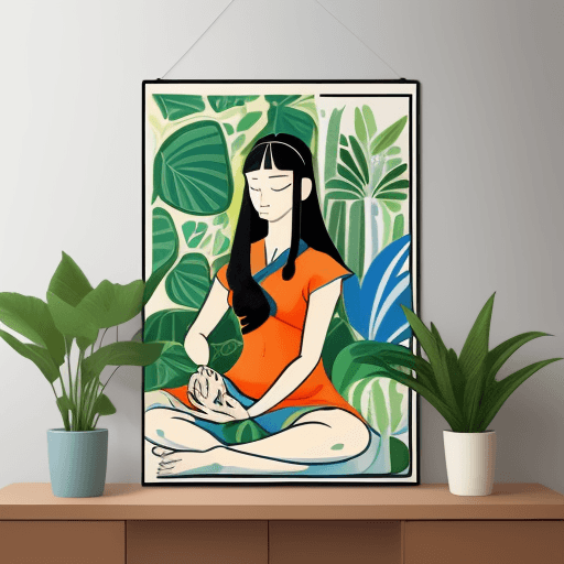 AI generated: A flat illustration of a lady doing meditating, with plants in the house, Matisse poster, calming co...